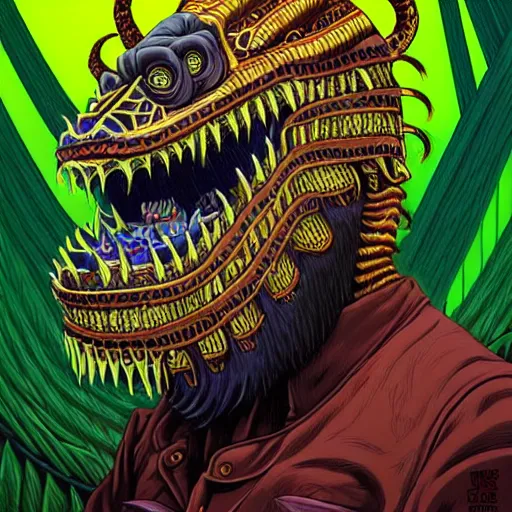 Prompt: side profile of barong family member with dental braces, wiwek, mara demon, one single tribe member, jungle, one single mask, dark, ancient warrior, gorilla, lizard, tribal, inner glow, art by dan mumford and justin gerard