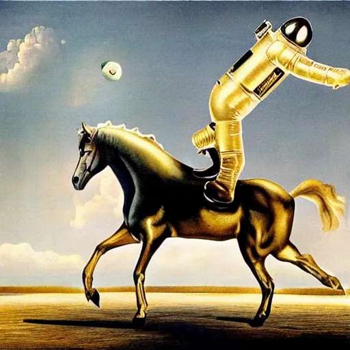 Prompt: a horse in the sky, an astronaut on the ground, by dali