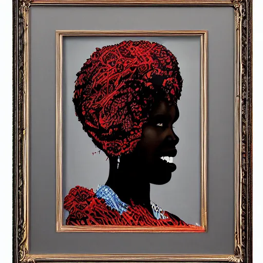 Image similar to a portrait of a black woman with side profile blood in ocean intricate details by MARVEL comics and banksy