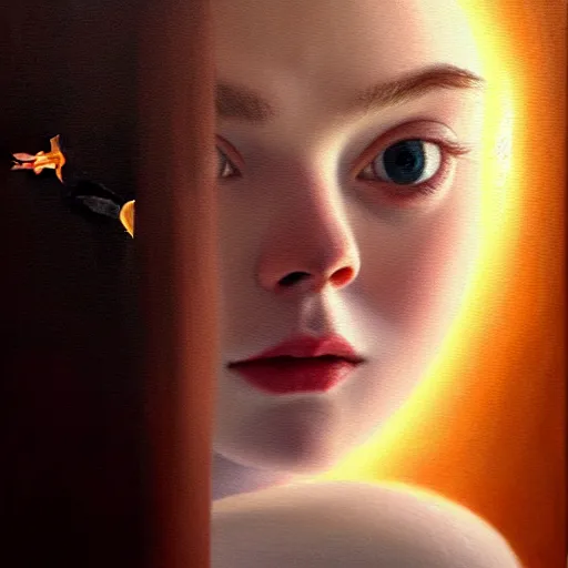 Image similar to portrait of a elle fanning wearing and a goldfish in a dark room with a window, detailed realism face in painting, detailed beautiful portrait, oil painting masterpiece, 8 k resolution, smooth, sharp focus, trending on artstation, by bruce pennington