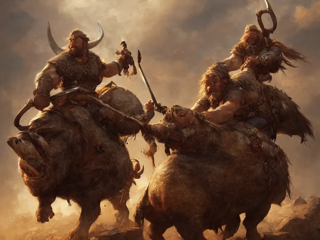 Prompt: viking warrior riding a boar, by justin gerard and greg rutkowski, digital art, realistic painting, dnd, character design, trending on artstation