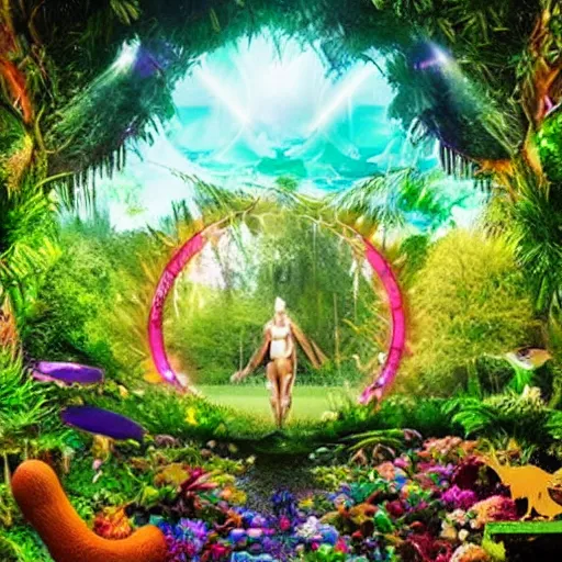 Image similar to the garden of eden but it's an edm festival