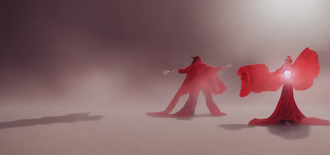 Prompt: an evil demon in red robes fighting an angel in white robes in a desert, luminescent eyes, sunny weather, rendered in octane, realistic, 8 k, vivid, intricate, detailed, mist, fog, dramatic light