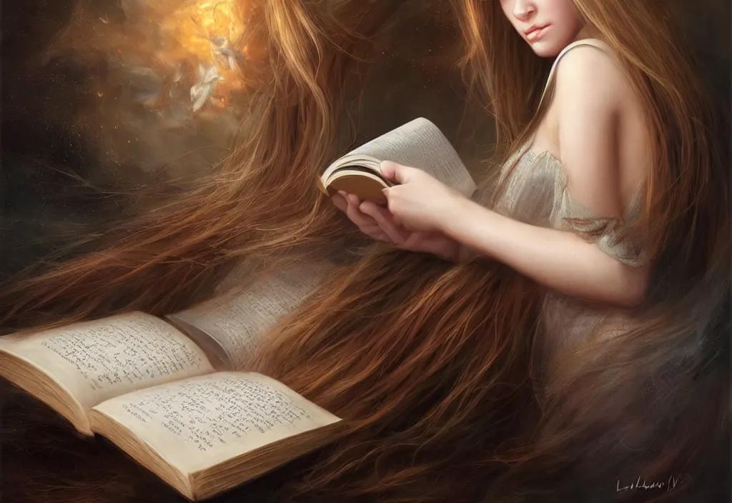 Prompt: a girl reading a book, hair flowing down, 8 k, hyperrealistic, hyperdetailed, fantasy portrait by laura sava, singular woman