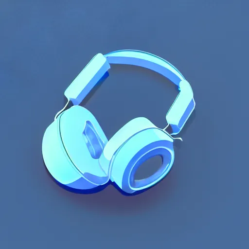 Prompt: an icon of a headphones in light blue metallic iridescent material, 3D render isometric perspective on dark background