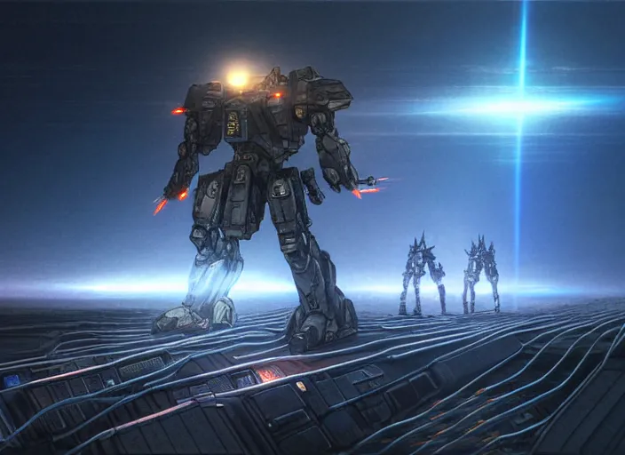 Image similar to an armored core v, ; scifi, booster flares, legs, laser rifles, karst landscape, outdoor, dark blue sky, cloud, wilderness ground, glowing lights intricate elegant, highly detailed, digital painting, artstation, concept art, smooth, sharp focus, thin glowing wires, illustration, art by artgerm and greg rutkowski and alphonse mucha, singularity