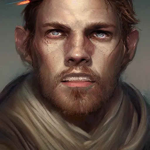 Image similar to portrait of a man by greg rutkowski, jedi knight owen skywalker, messy copper hair, jedi robes, star wars expanded universe, he is about 2 0 years old, wearing jedi robes, highly detailed portrait, digital painting, artstation, concept art, smooth, sharp foccus ilustration, artstation hq