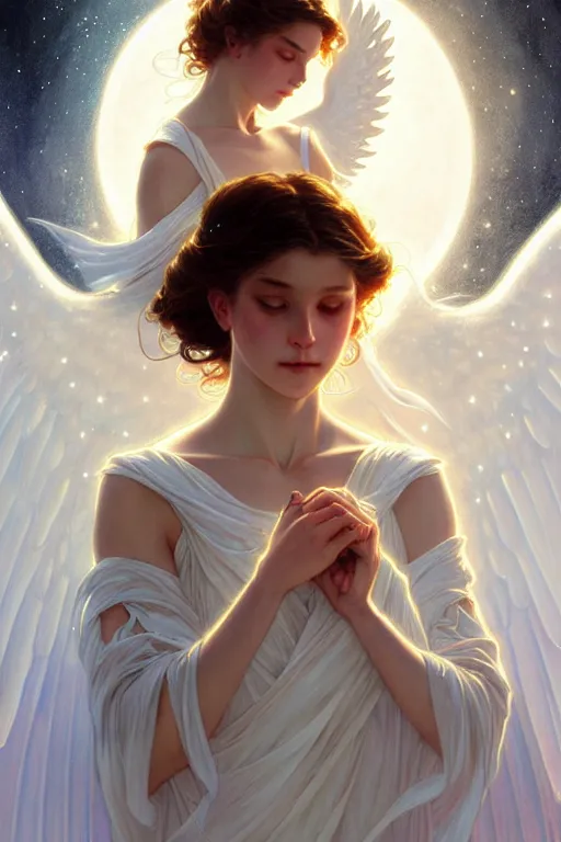 Image similar to Angels in white gauze dresses, the glow of the moonlight, fantasy, intricate, elegant, highly detailed, digital painting, artstation, concept art, matte, sharp focus, illustration, art by Artgerm and Greg Rutkowski and Alphonse Mucha