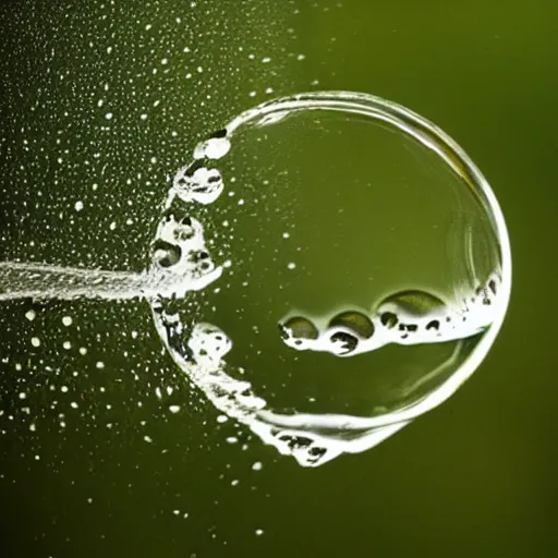 Prompt: a slow motion water droplet with a small forest inside