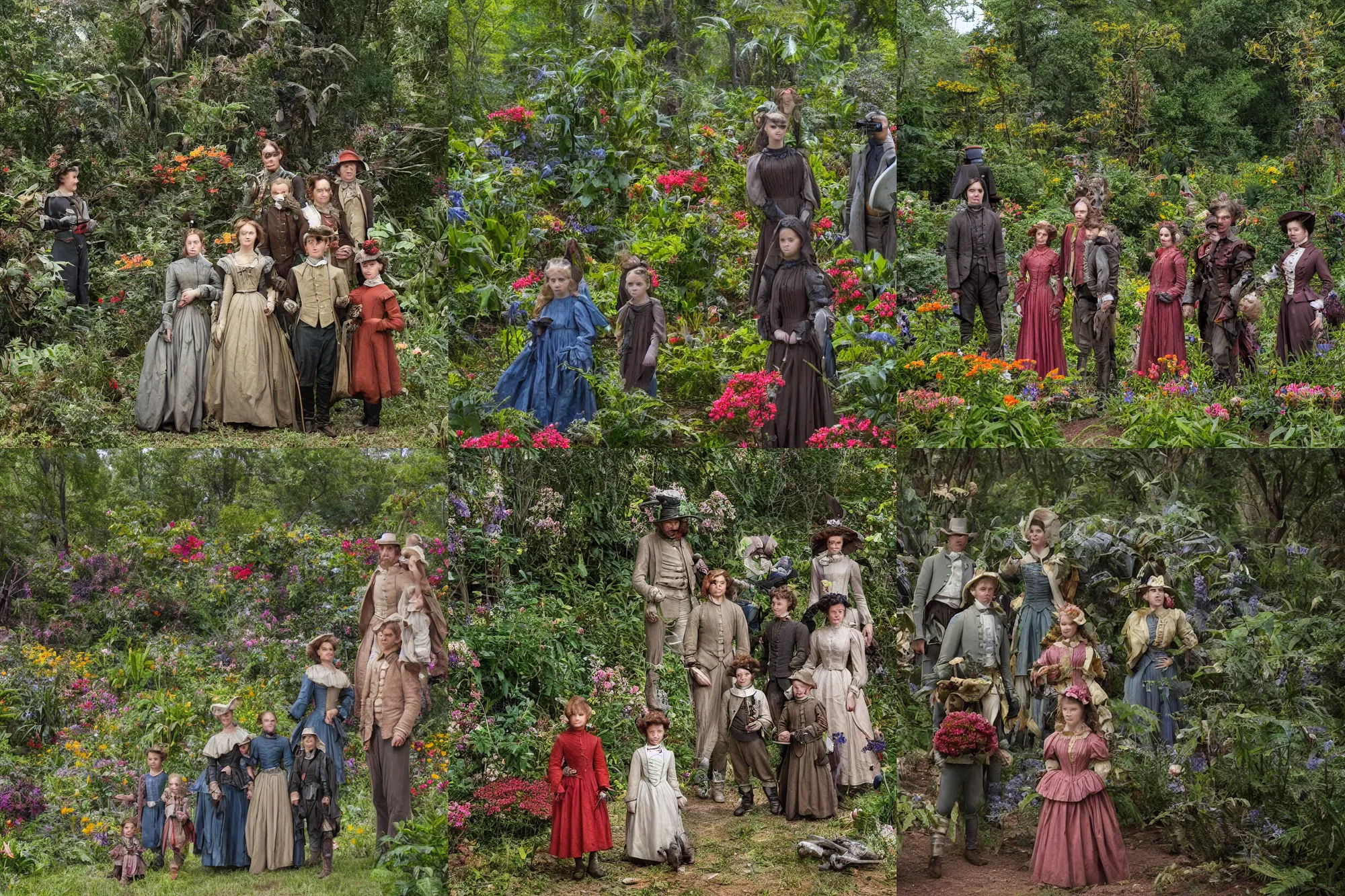 Prompt: sharp, highly detailed, 36864k film, 175000mm film still from a sci fi blockbuster color movie made in 2019, set in 1860, of a family standing in a park, next to some strange alien plants and flowers, on an alien planet, the family are all wearing 1860s era clothes, good lighting, enhanced faces, 70000mm f/1.8L lens