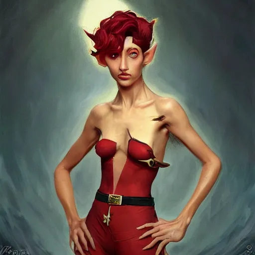 Prompt: portrait of a beautiful nonbinary actor with dark tan skin and messy short red hair wearing a men's suit, she has elf ears and gold eyes, by Gerald Brom and Ross Tran, trending on artstation