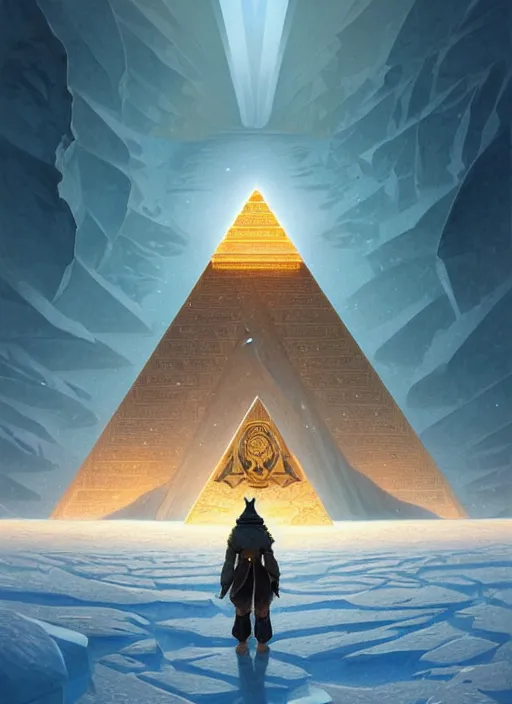 Image similar to pyramid in antarctica, intricate, elegant, highly detailed, digital painting, artstation, concept art, smooth, sharp focus, illustration, art by artgerm and greg rutkowski and alphonse mucha