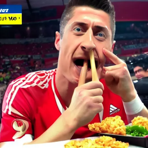 Image similar to a still frame of robert lewandowski during a huge kfc chicken food mukbang