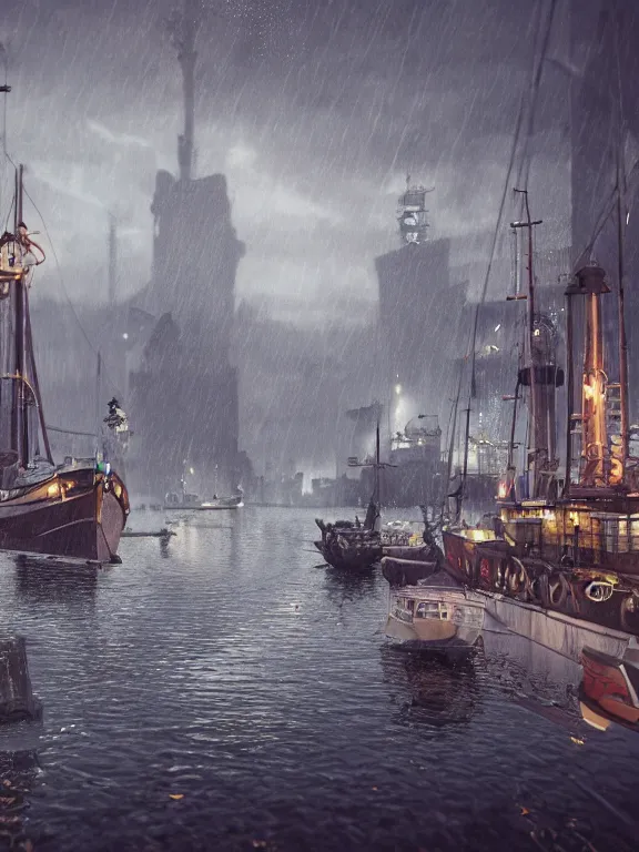 Image similar to photo of 8k ultra realistic harbour, port, boats, heavy rain, , night, full of colour, cinematic lighting, battered, trending on artstation, 4k, hyperrealistic, focused, extreme details,unreal engine 5, cinematic, masterpiece, art by studio ghibli