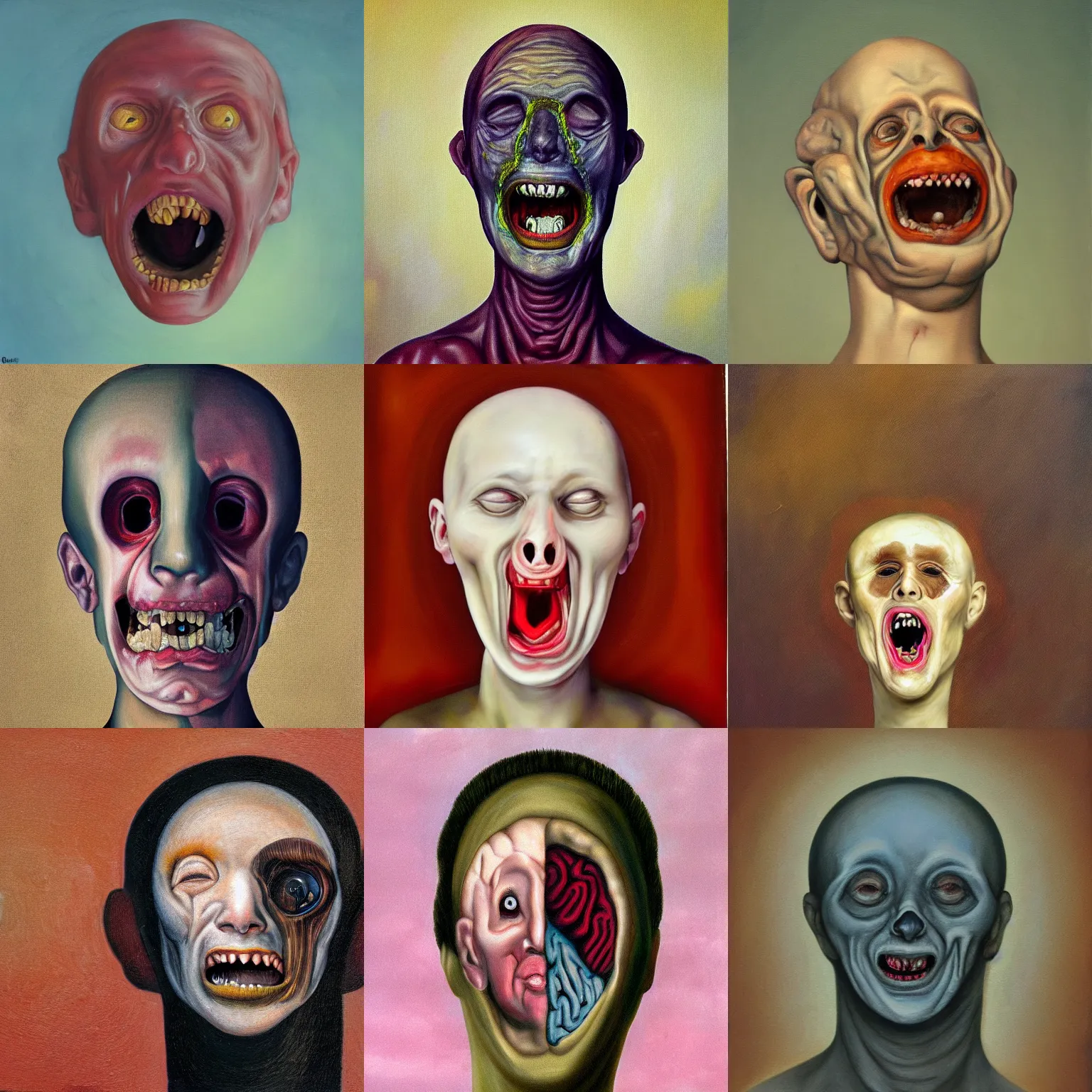 Prompt: A disembodied head screaming with the top half removed, exposed brain, oil painting, surrealism style