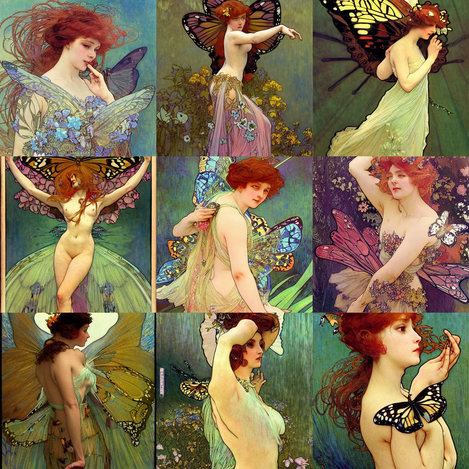Prompt: a woman wearing an elaborate dress sprouts butterfly wings, mid-transformation, half-woman half-butterfly, as though she is dancing, fantasy illustration by ilya kuvshinov, edgar maxence, alphonse mucha, Gaston Bussiere