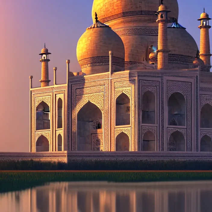 Image similar to taj mahal, naturel, glossy reflections, hyper detailed, digital art, trending in artstation, cinematic lighting, studio quality, smooth render, unreal engine 5 rendered, octane rendered, art style by klimt and nixeu and ian sprigger and wlop and krenz cushart.