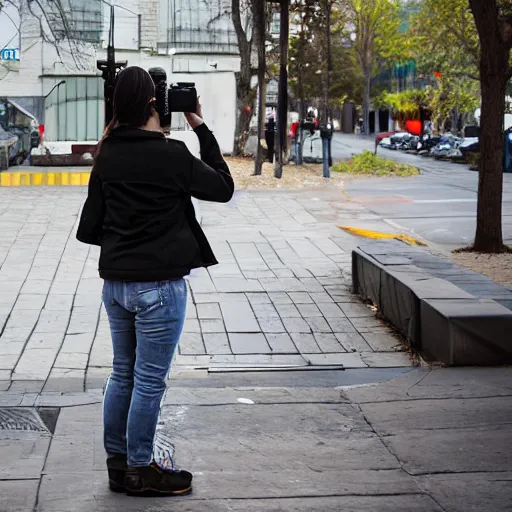 Image similar to woman taking a photograph with a studio camera on the sidewalk outdoors