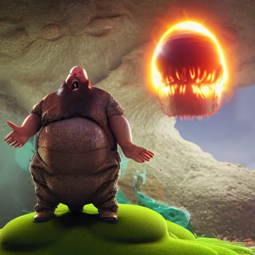 Image similar to highly detailed octane render of a short ugly fat man with a giant beard and wearing armour, goggles and a safety hat whilst laughing at a green mushroom cloud surrounded by dead insects in a cave