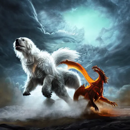 Prompt: fantasy art ultra detailed photo of a yeti and great pyrenees dog fighting a dragon in a blizard