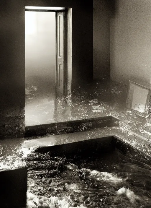 Image similar to river water spilling out through an open door, in the style of the Dutch masters and Gregory Crewdson, dark and moody