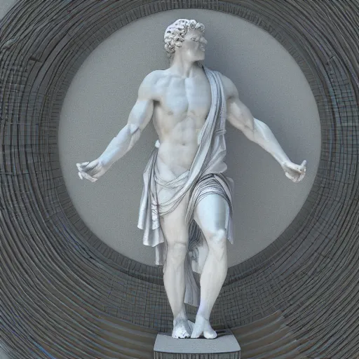 Image similar to a neon ring around a 3 d render of the statue of david, in the style of michelangelo