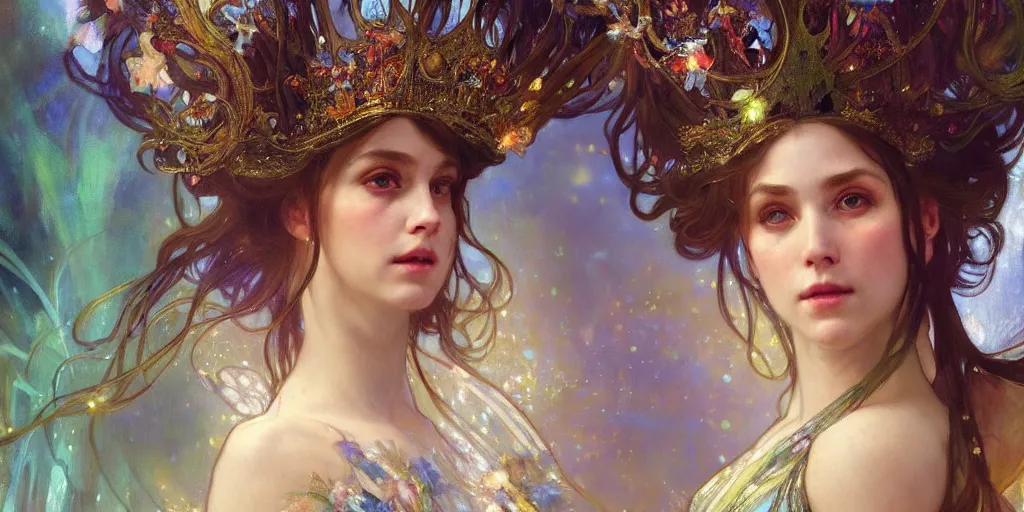 Image similar to hyperrealist portrait of a fairy girl emperorit is decorated with long robes that fall like stars and wears a huge crown. by jeremy mann and alphonse mucha, fantasy art, photo realistic, dynamic lighting, artstation, poster, volumetric lighting, very detailed faces, 4 k, award winning