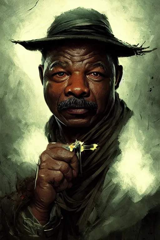 Image similar to carl weathers, sorcerer, lord of the rings, tattoo, decorated ornaments by carl spitzweg, ismail inceoglu, vdragan bibin, hans thoma, greg rutkowski, alexandros pyromallis, perfect face, fine details, realistic shaded