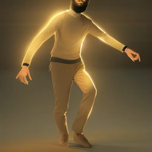 Prompt: A very detailed digital art rendering and concept design of a beautiful bearded young ethereal man beautifully positioned and dancing in volumetric lighting, three dimensions, a digitally transformed environment, user interface design, 3D modeling, illustration, and transportation design