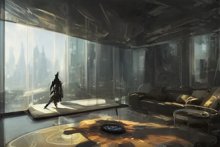 Image similar to futuristic luxury apartment interior, reflective, intricate, elegant, highly detailed, john park, craig mullins, sparth, ruan jia, jeffrey catherine jones