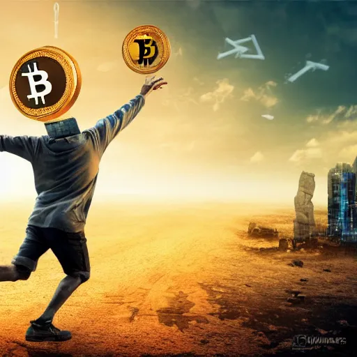 Image similar to man running away from a giant with bitcoin head, sci-fi, cinematic, cryptocurrency, hyperdetailed, 4k