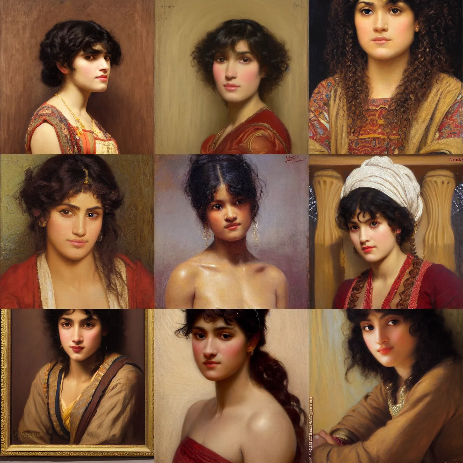 Prompt: orientalism face portrait of a cute woman with bangs and curls and brown skin by Edwin Longsden Long and Theodore Ralli and Nasreddine Dinet and Adam Styka, masterful intricate artwork. Oil on canvas, excellent lighting, high detail 8k