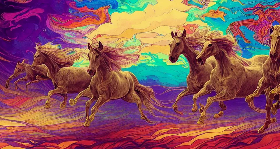 Prompt: An extremely psychedelic abstract illustration of wild horses running, colorful, surreal, dramatic lighting, magic mushrooms, psilocybin, LSD, detailed, intricate, elegant, highly detailed, digital painting, artstation, concept art, smooth, sharp focus, illustration, art by Krenz Cushart and Artem Demura and alphonse mucha, unreal engine 5 render, 8k