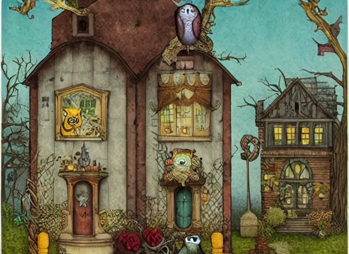 Image similar to a house with a tower, owl, birds, cheese, lowbrow in the style of mark ryden and john bauer,