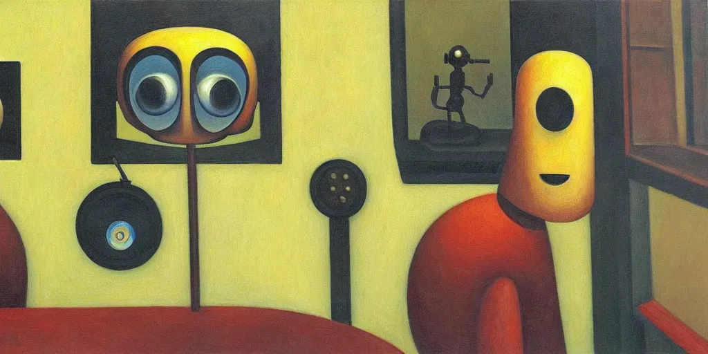 Prompt: sentient robot with soulful eyes portrait, lowbrow, pj crook, grant wood, edward hopper, oil on canvas