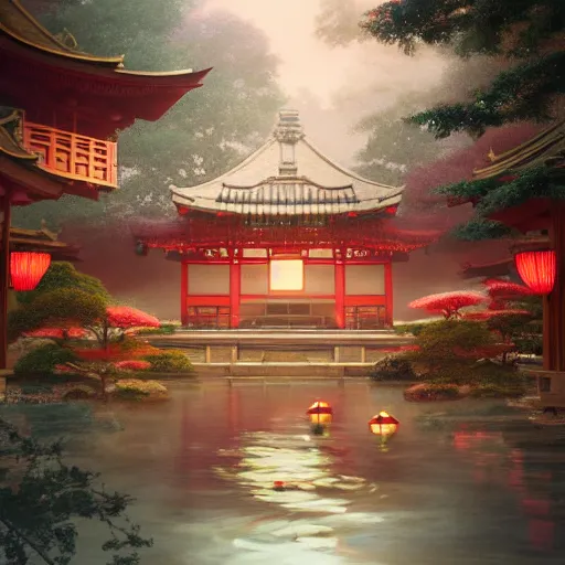 Prompt: ethereal kirby next to grand japanese architecture teahouse with floating red and gold lanterns and lotuses by greg rutkowski craig mullins ross tran mucha cozy zen garden glowing water lumen reflections matte painting concept art clear focus fantasy specular lighting global illumination trending on artstation