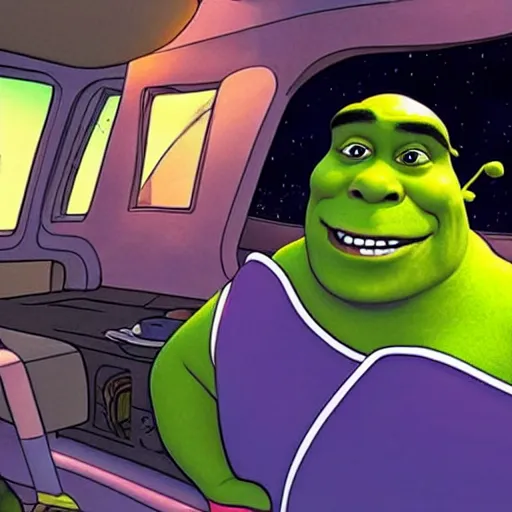 Prompt: shrek riding in a rocketship with bender from futurama