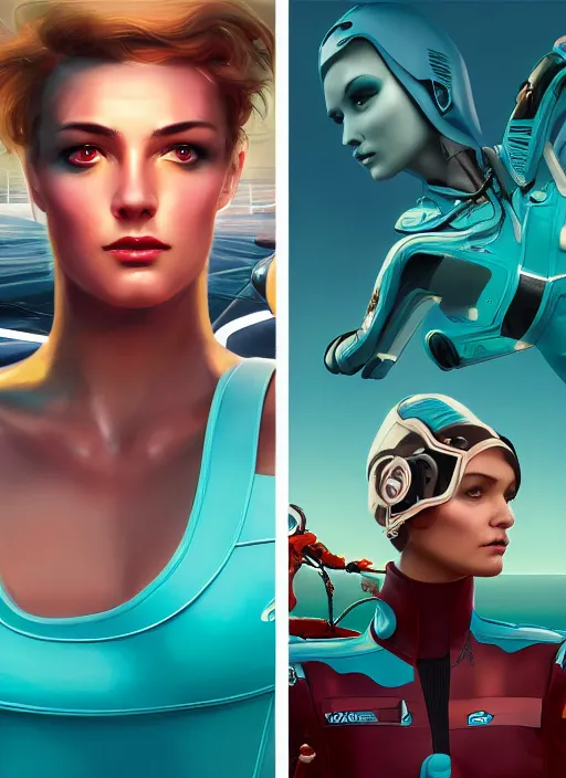 Prompt: symmetry closeup portrait of a racer girl cyborg jumpsuit in clouds cinematic light windy teal cyan by gerald brom by mikhail vr by craig mullins