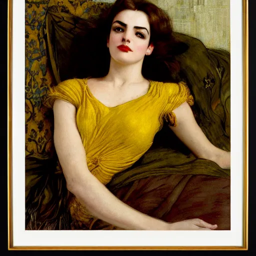 Prompt: portrait reclining on bed, hybrid of judy garland and camilla belle, aged 2 5, brown fringe, wide shot, yellow ochre ornate medieval dress, john william waterhouse, kilian eng, rosetti, john everett millais, william holman hunt, william morris, 4 k