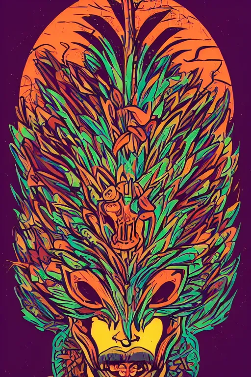 Image similar to animal mask totem roots flower tribal feather gemstone plant wood rock shaman vodoo video game vector cutout illustration vivid multicolor borderlands comics by josan gonzales and dan mumford radiating a glowing aura