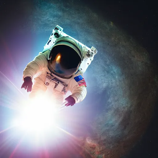 Image similar to photograph of an astronaut in space, singular light source from below, earth only visible below, darkness above, full body photo, amazing light and shadow contrast, 8 k