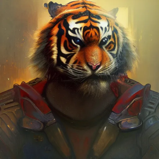 Image similar to hyperrealistic portrait of an athropomorphic tiger wearing heavy combat red - blue armor, bladerunner street, art of elysium by jeremy mann and alphonse mucha, fantasy art, photo realistic, dynamic lighting, artstation, poster, volumetric lighting, very detailed face, 4 k, award winning, cinematic lighting, deviantart, artstation, cg society