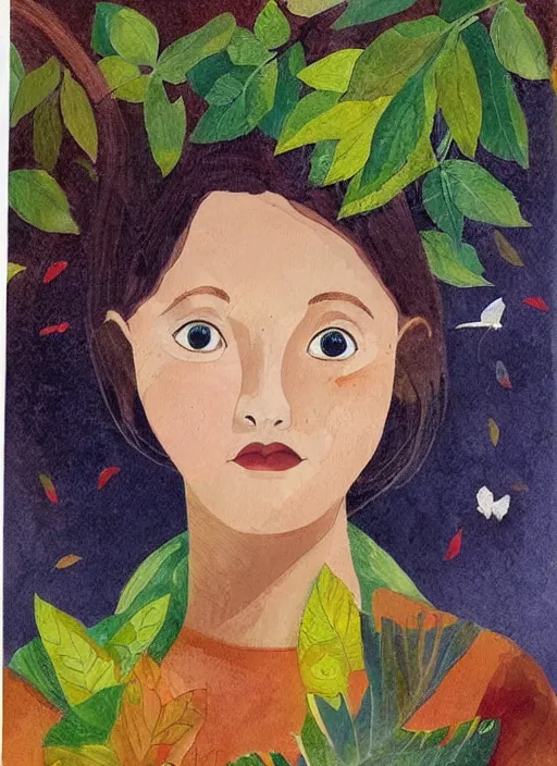 Image similar to a wonderful childrens illustration book portrait painting of a woman, art by tracie grimwood, trees, many leaves, birds, whimsical, aesthetically pleasing and harmonious natural colors