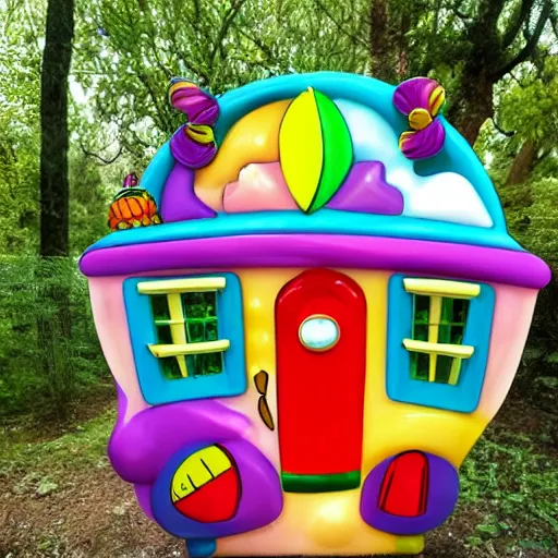 Prompt: Magical Man from Happy-Land, in a gumdrop house on Lollipop Lane