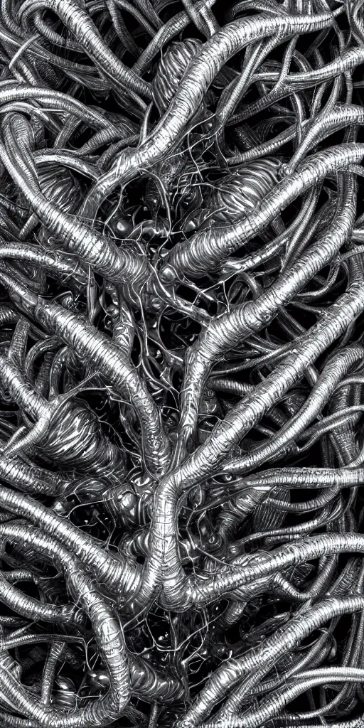 Prompt: a photorealistic render of a metallic neotribal thorny sleaslug on a black background, greyscale, comnected with cyber cables, made of melted plastic and marble, c 4 d, by zhelong xu and ernst haeckel, hyper realistic, plain black background, 8 k, volumetric lightning, octane render