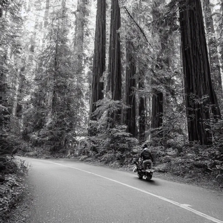 Prompt: a pinhole photograph of bigfoot riding a motorcycle through redwood national park