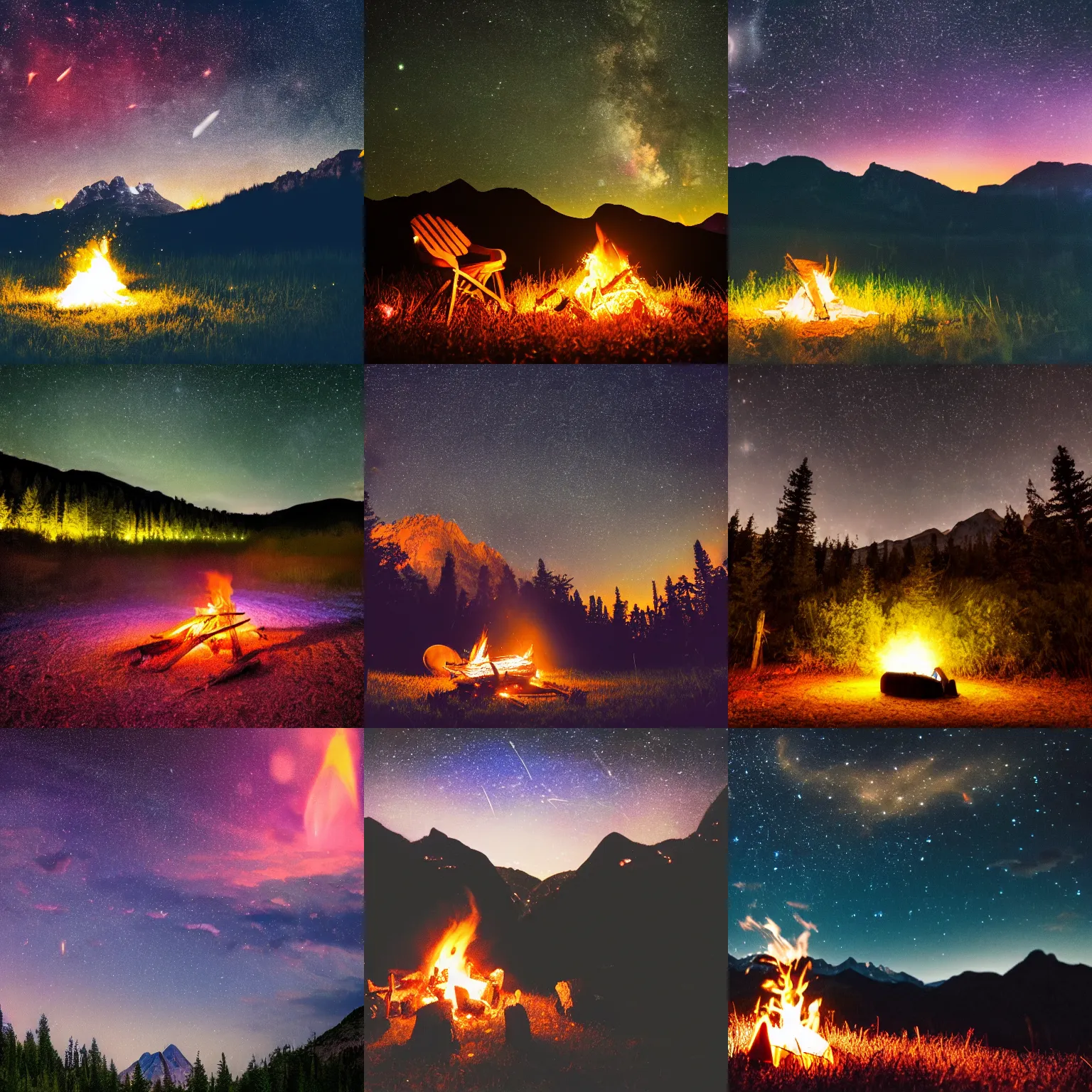 Prompt: a campfire at night, fireflies flying around it, mountains in the background, stars, galaxies, photography, artstartion, 4 k, 8 k