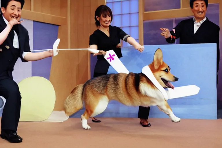 Prompt: A japanese gameshow with a corgi contestant doing acrobatic stunts