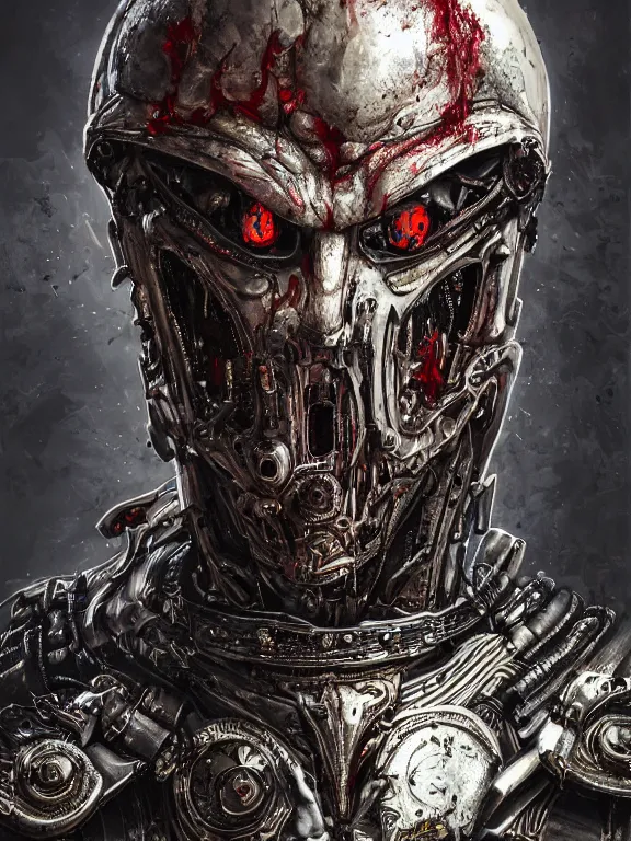 Prompt: portrait art of 8k ultra realistic cursed man,blood, detailed intricate ornate armour,decaying, cybernetic, full of colour, cinematic lighting, battered, trending on artstation, 4k, hyperrealistic, focused, extreme details,unreal engine 5, cinematic, masterpiece, art by ayami kojima, giger