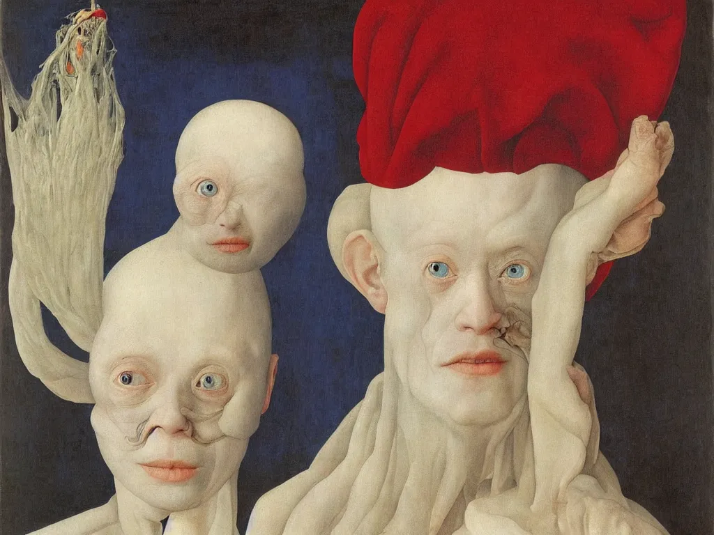 Image similar to Portrait of albino mystic with blue eyes, with anatomy of the eye. Painting by Jan van Eyck, Audubon, Rene Magritte, Agnes Pelton, Max Ernst, Walton Ford